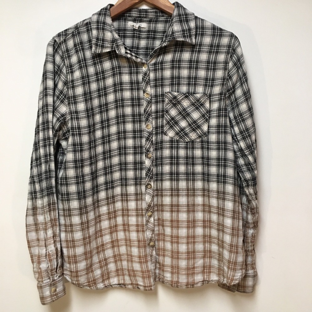 Maurices Plaid Ombre Button Down Shirt Womens Large Black Brown Gauze Cotton